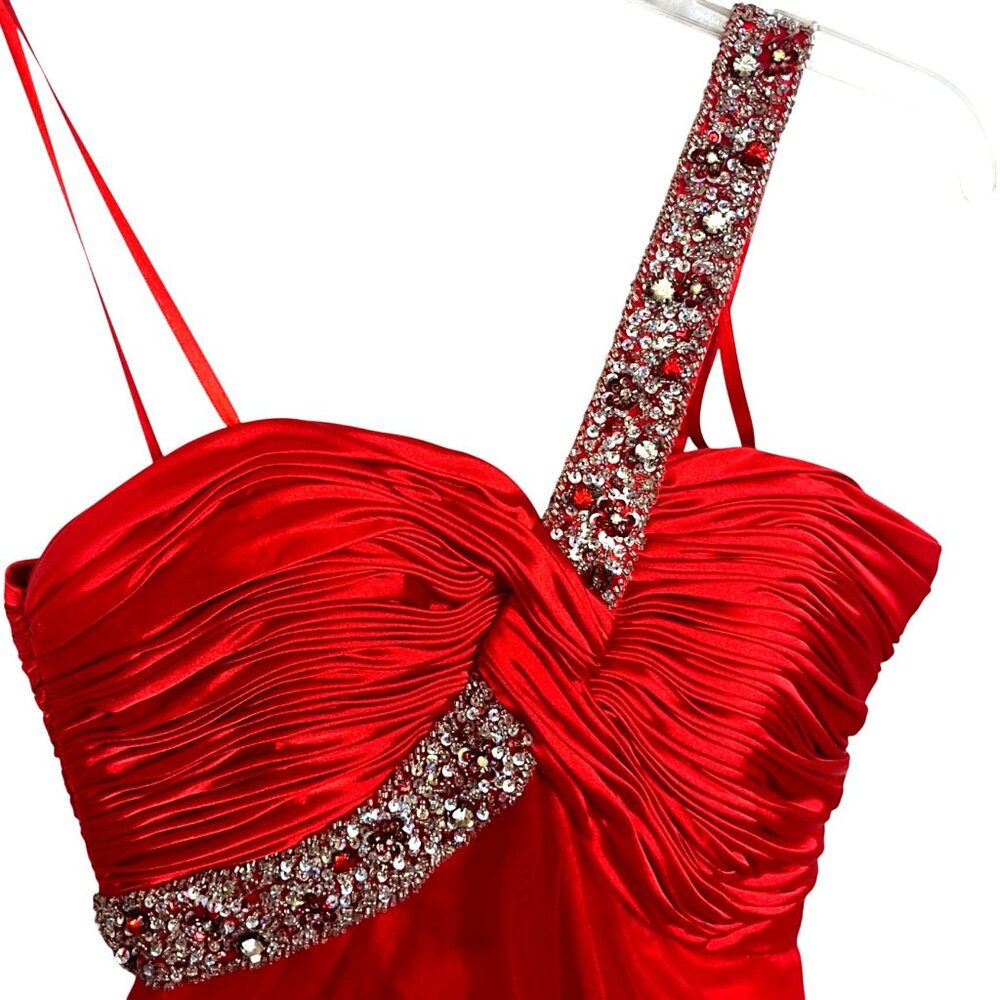 Red Satin & Tulle One-Shoulder Dress W/ Rhinestone Strap & Ruched Bodice Short S - Picture 9 of 12